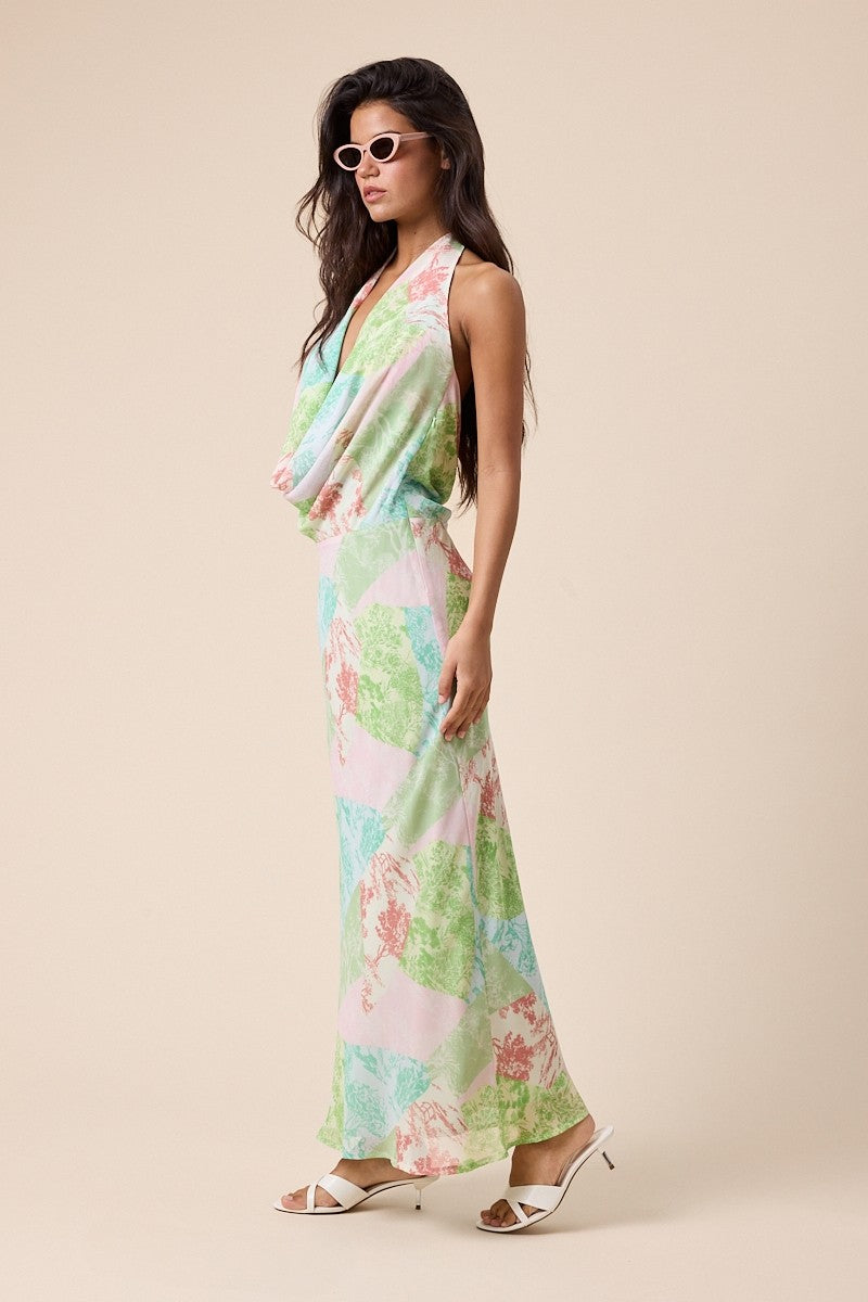 Palm patch halter maxi dress