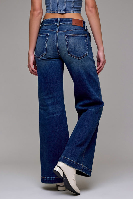 low rise dark wash flares