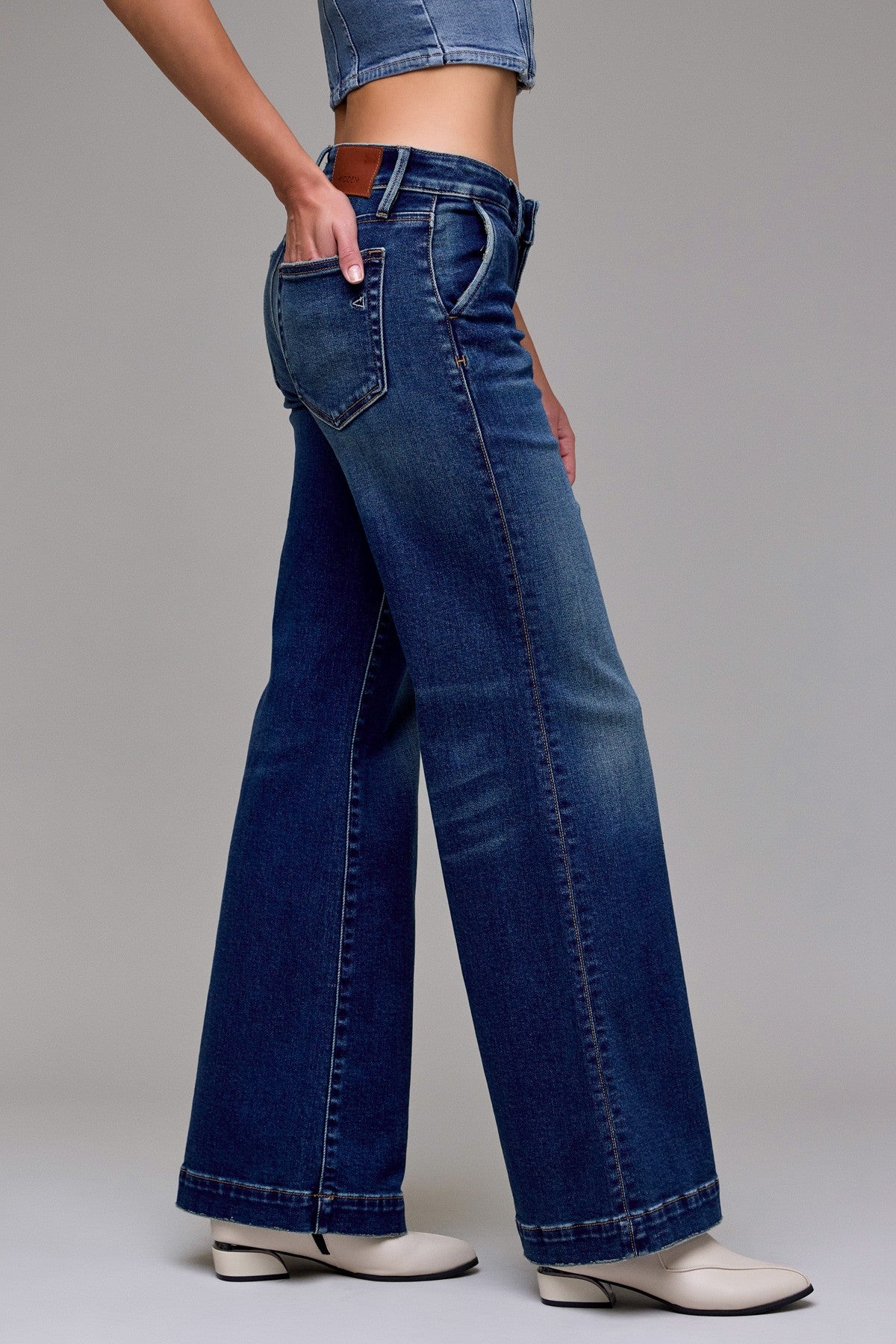 low rise dark wash flares