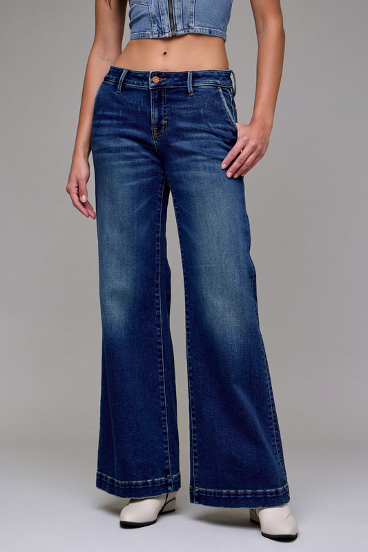 low rise dark wash flares