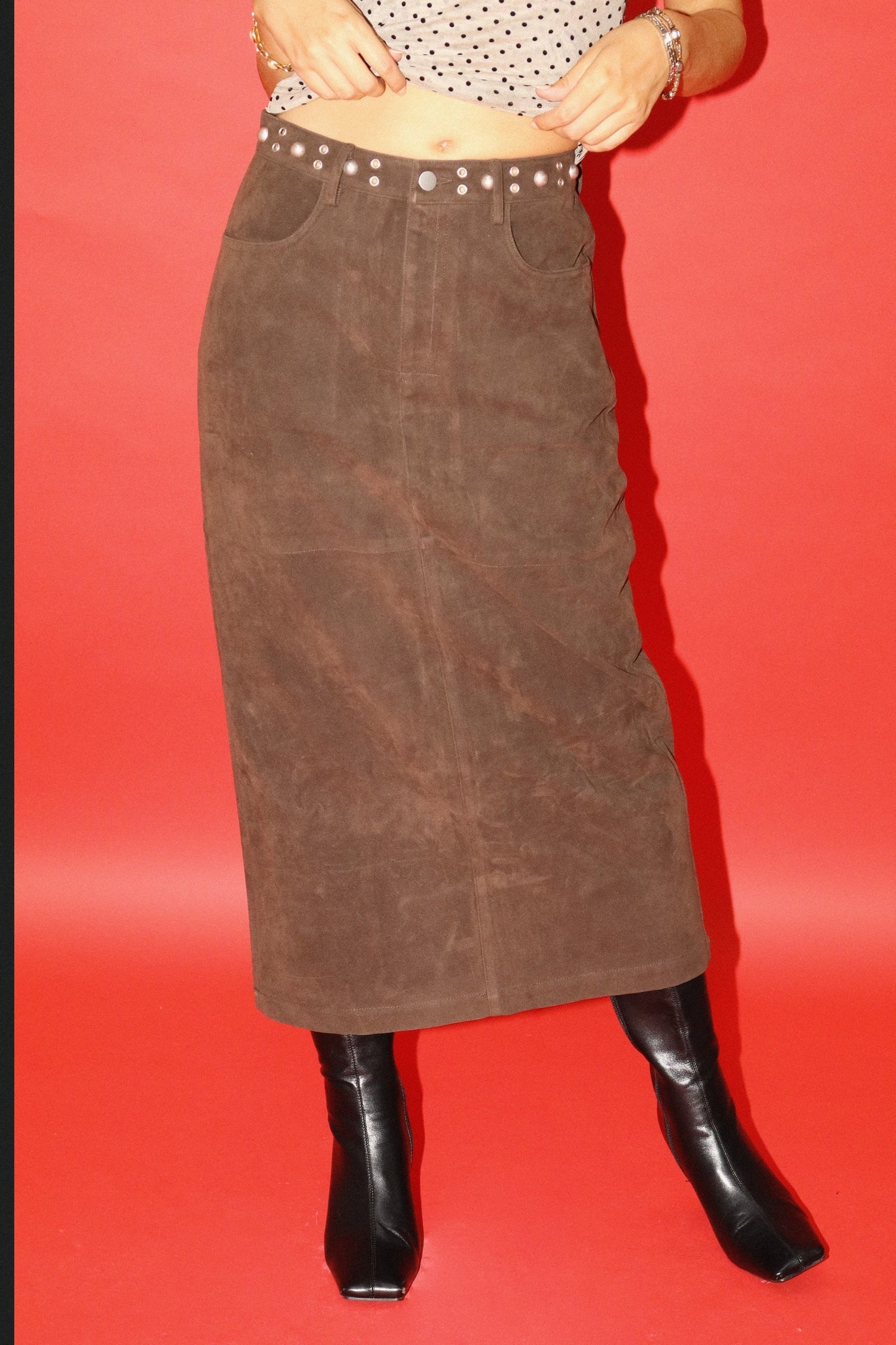 studded suede midi skirt