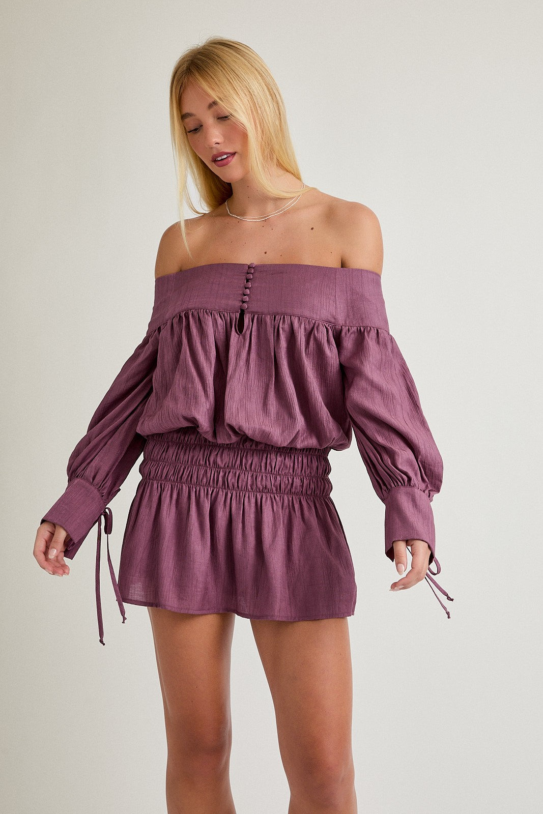 metallic off shoulder mini dress