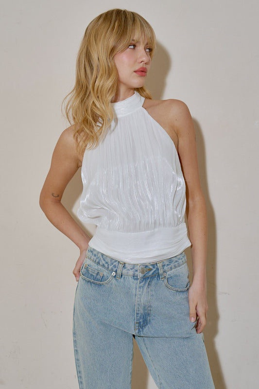 high neck pleated top