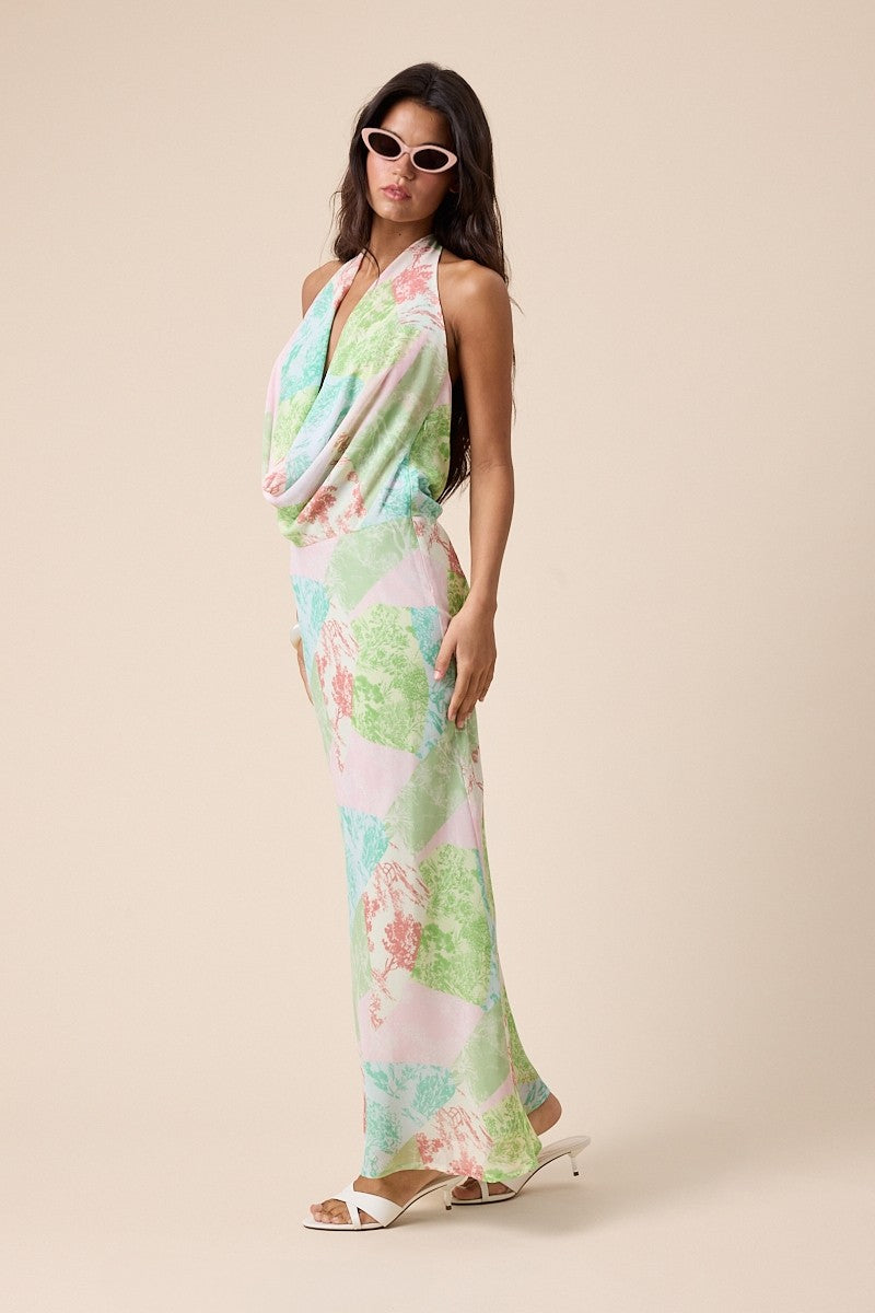 Palm patch halter maxi dress