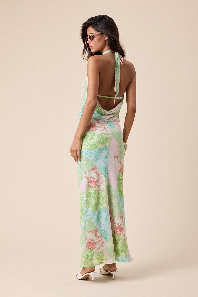 Palm patch halter maxi dress