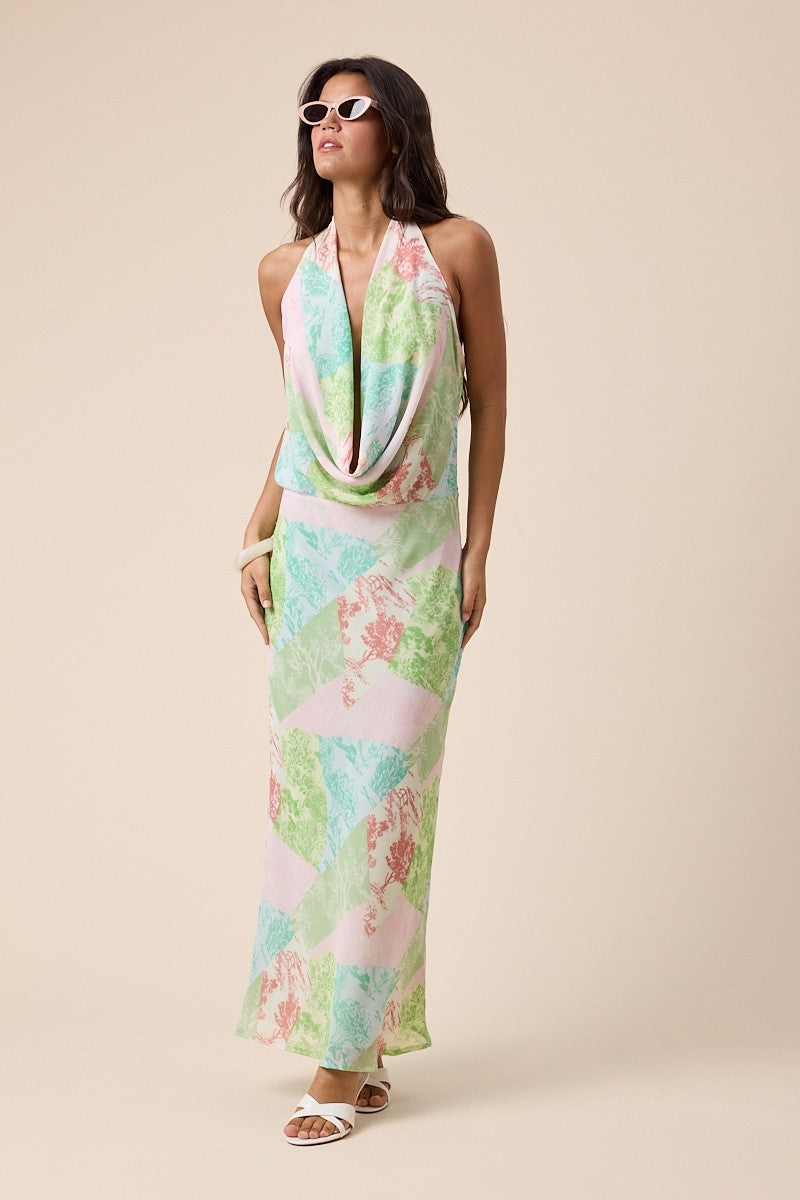 Palm patch halter maxi dress