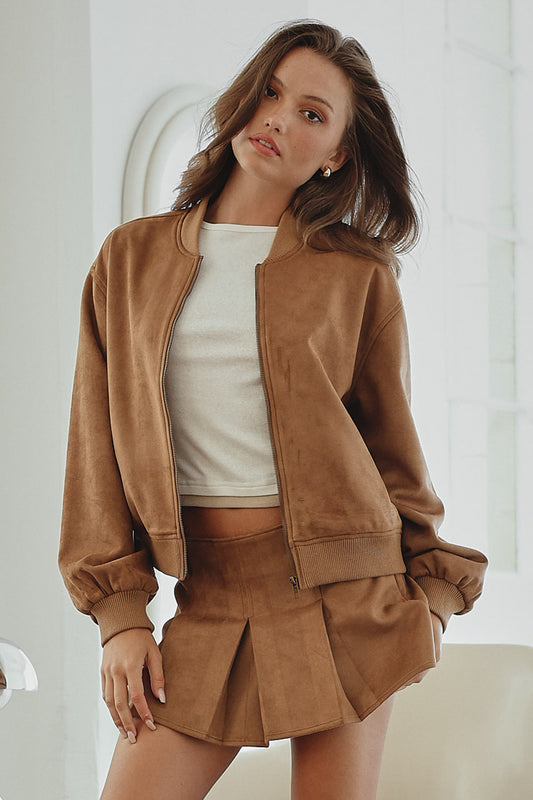 toffee suede bomber jacket
