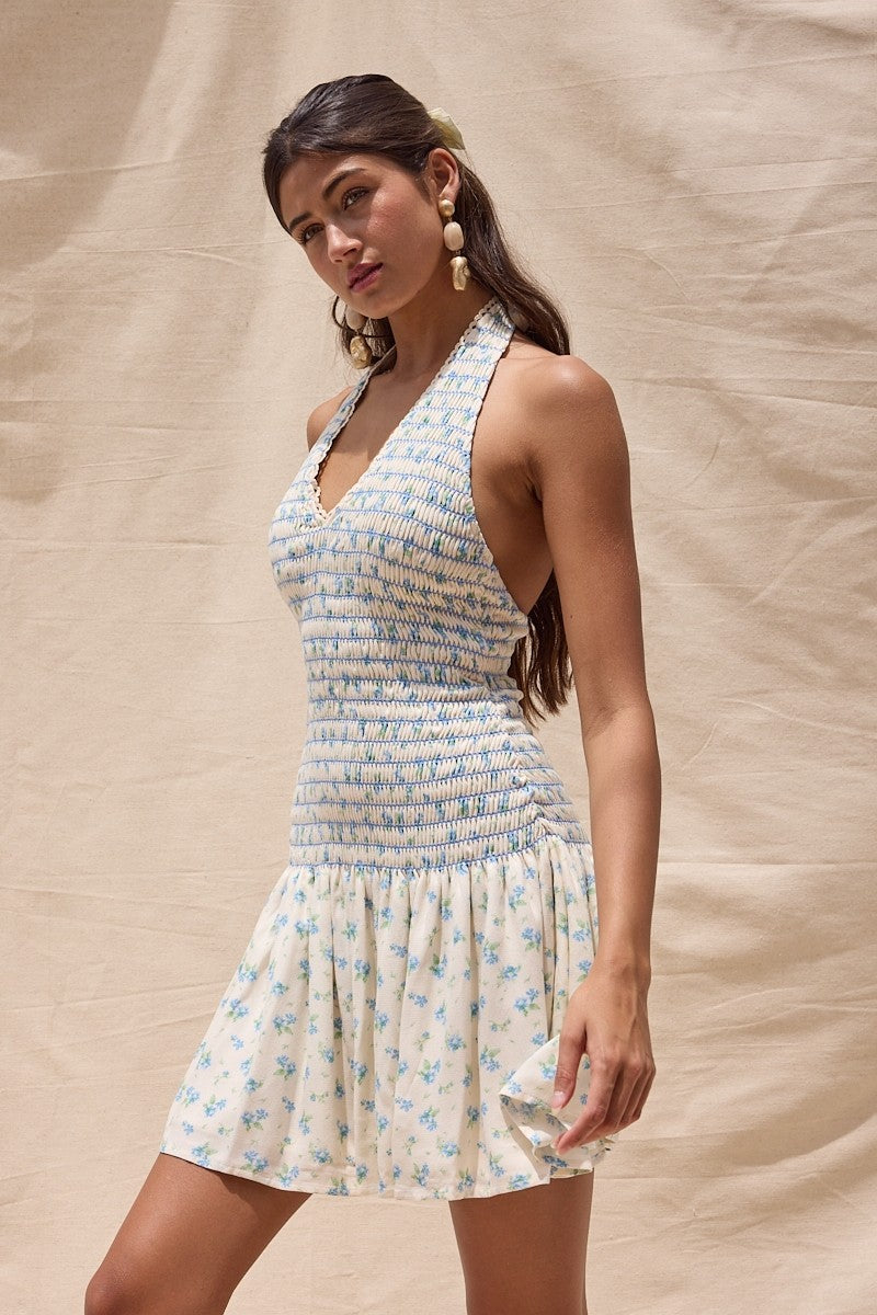 Ditsy floral smocked mini dress