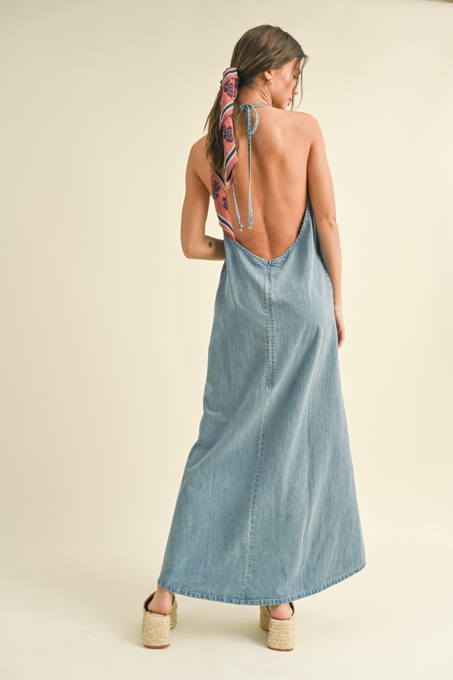 denim halter maxi dress