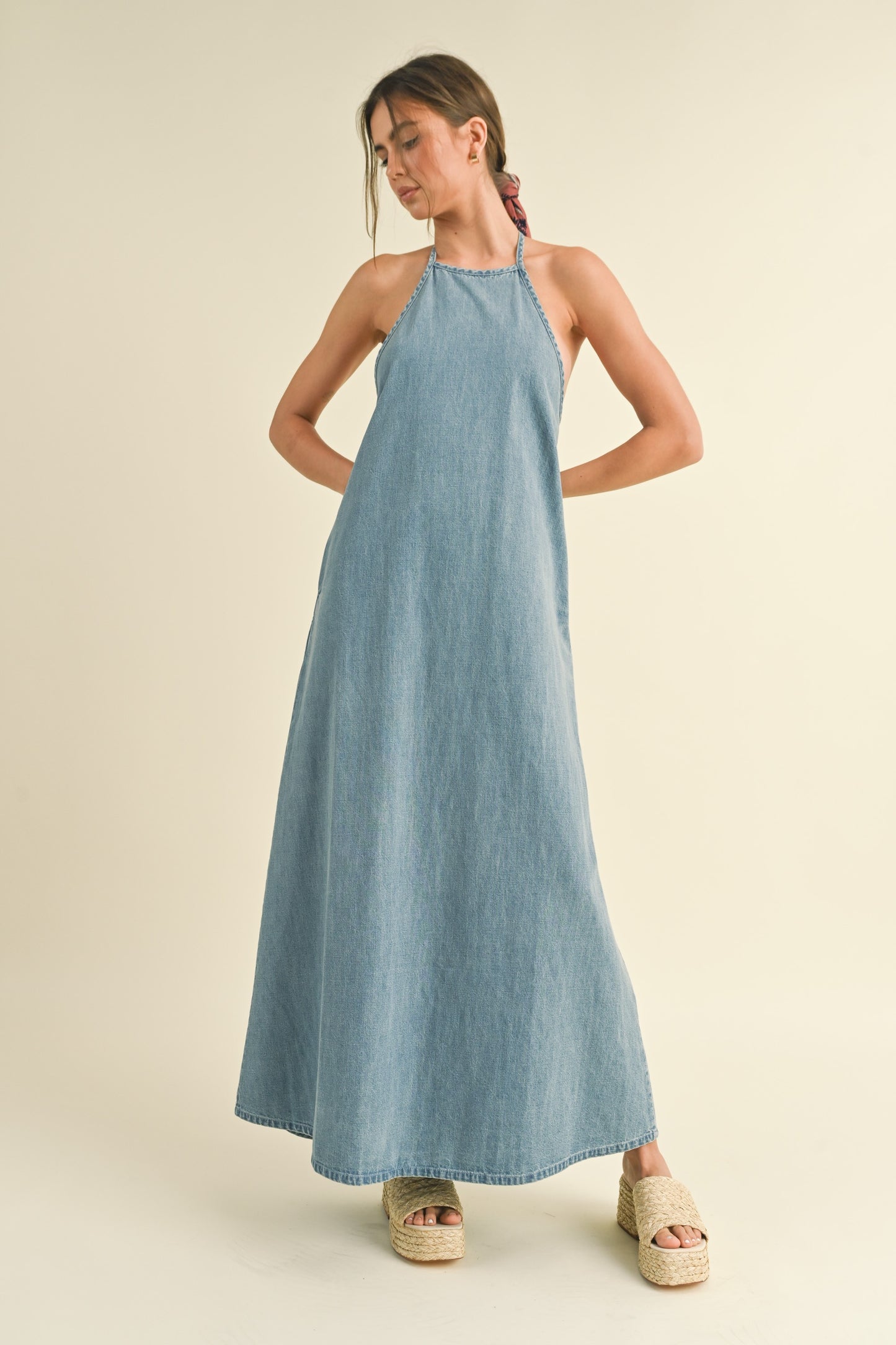 denim halter maxi dress