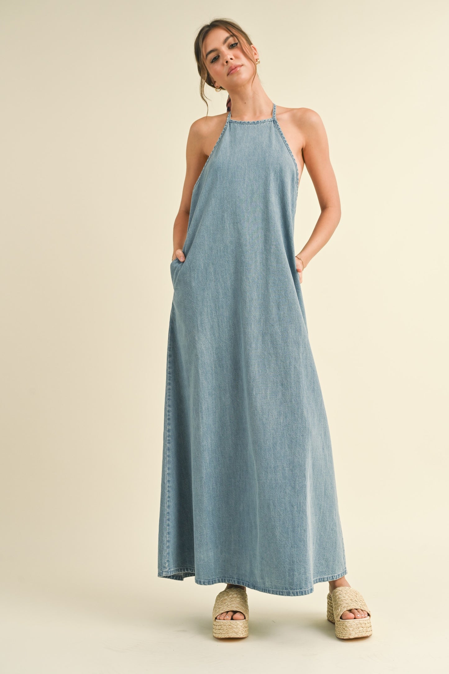 denim halter maxi dress