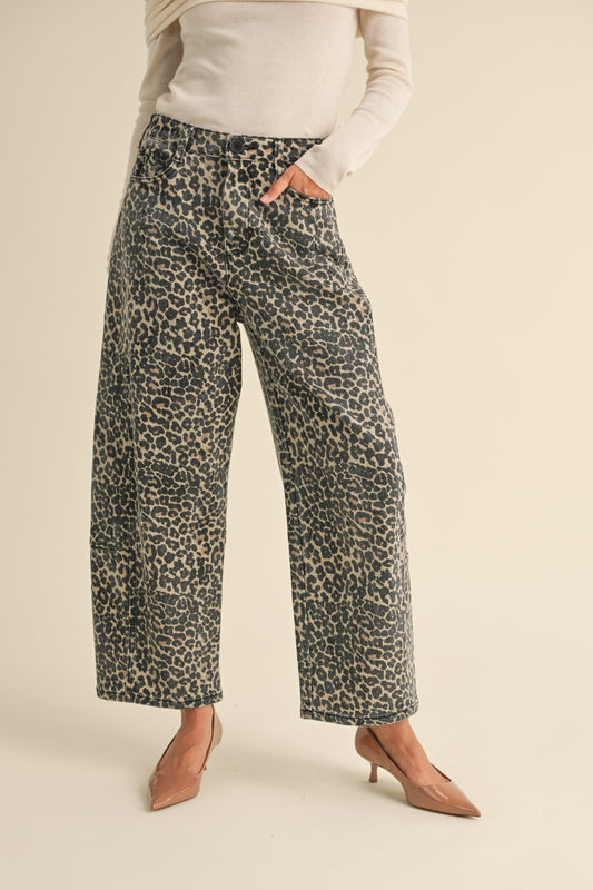 leopard barrel jeans