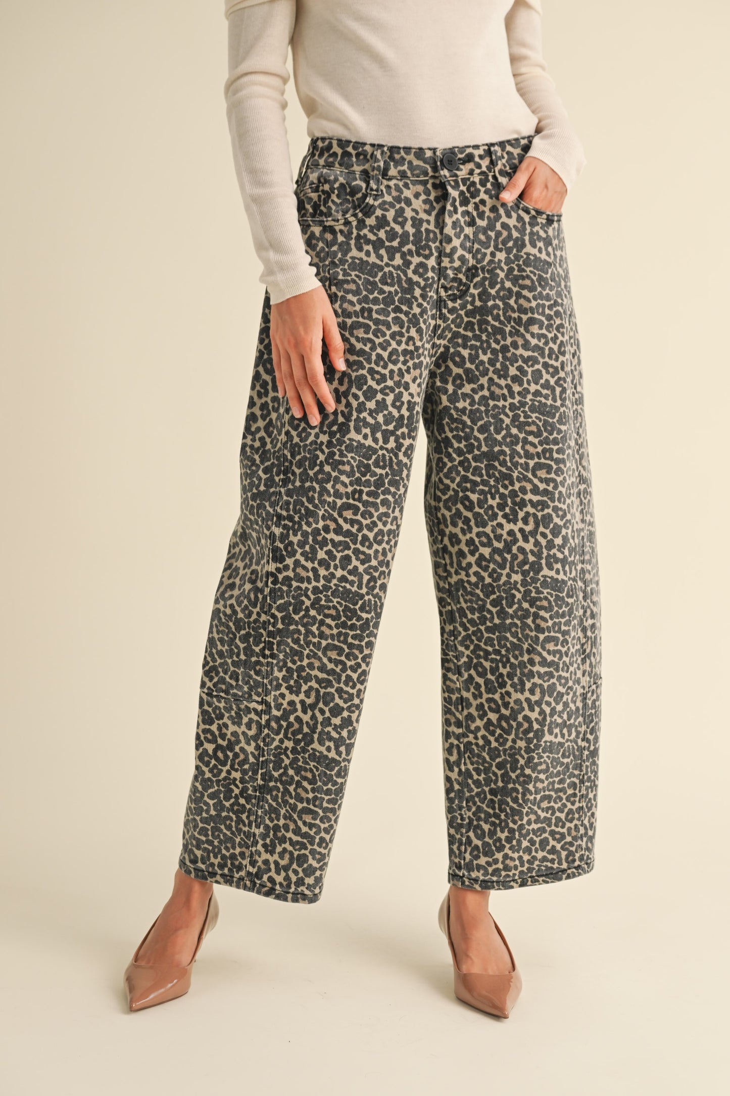 leopard barrel jeans