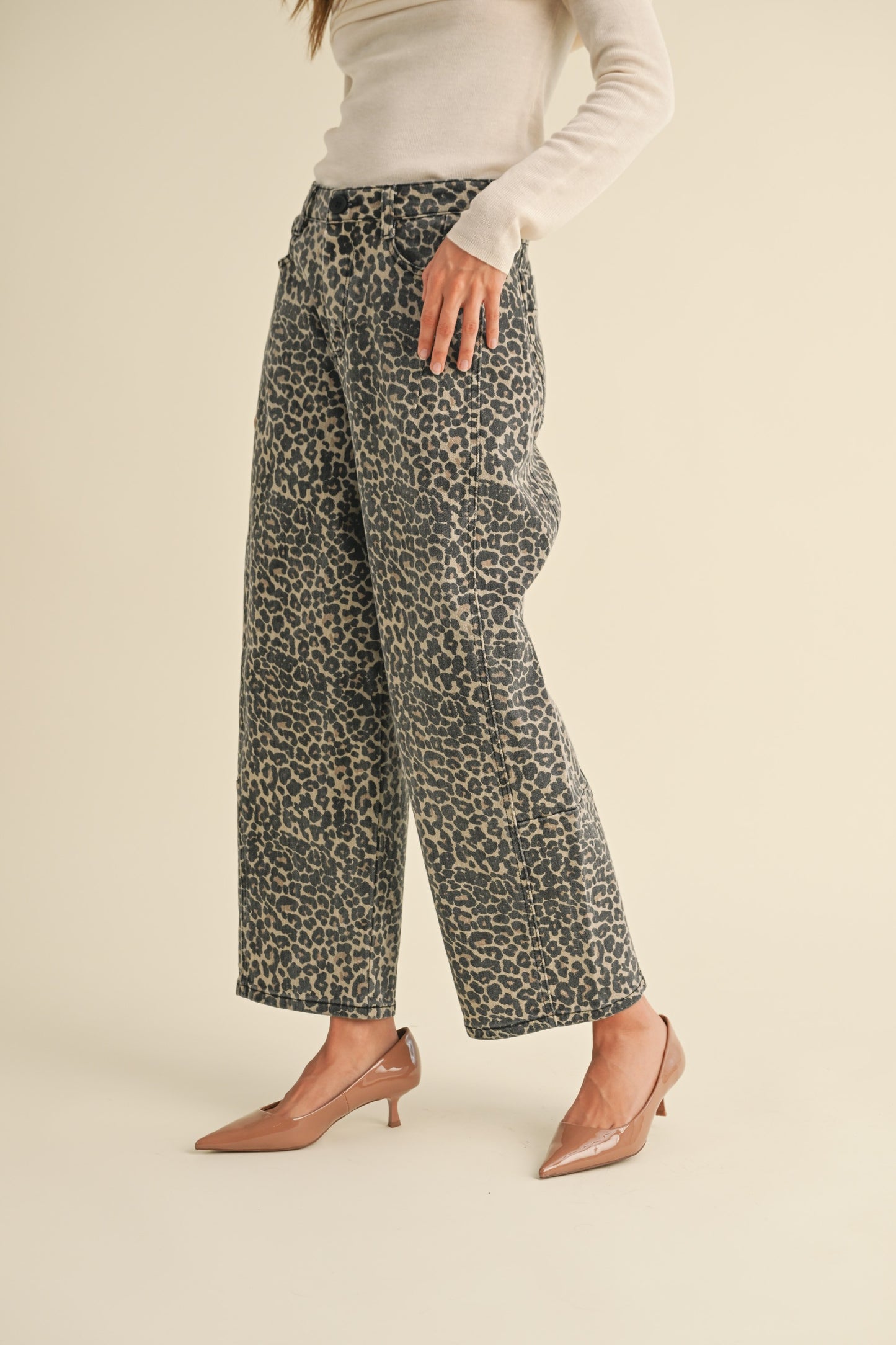 leopard barrel jeans