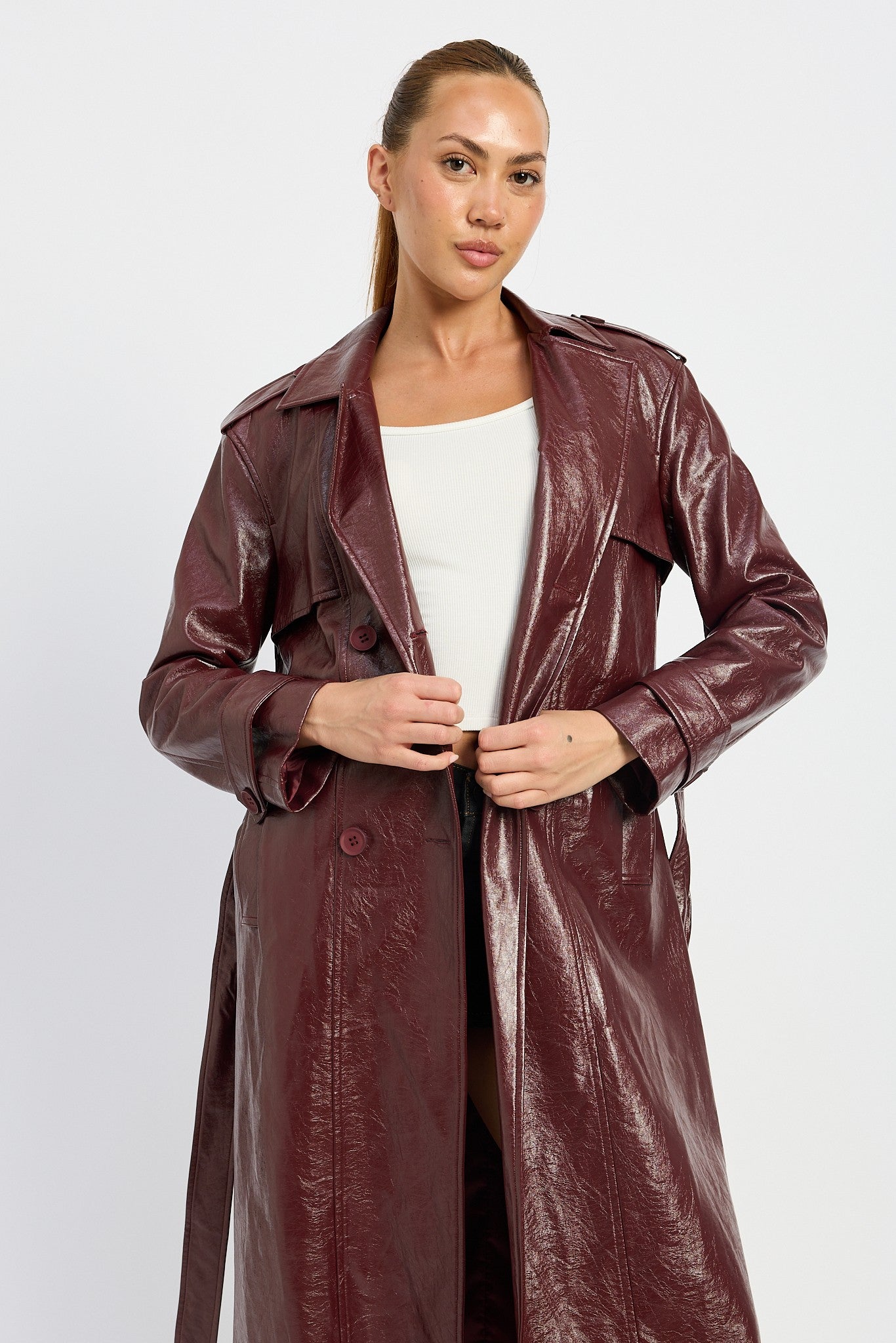 burgundy trench coat