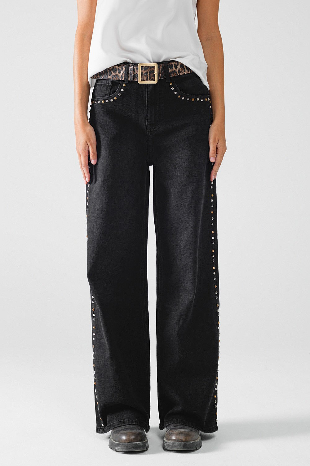 studded straight leg jeans