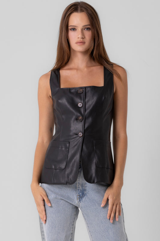 black cat faux leather vest