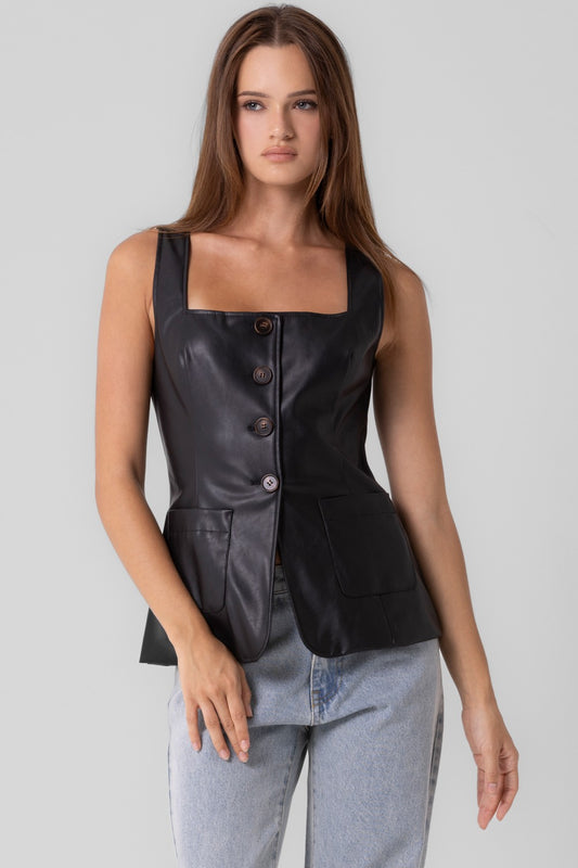 black cat faux leather vest