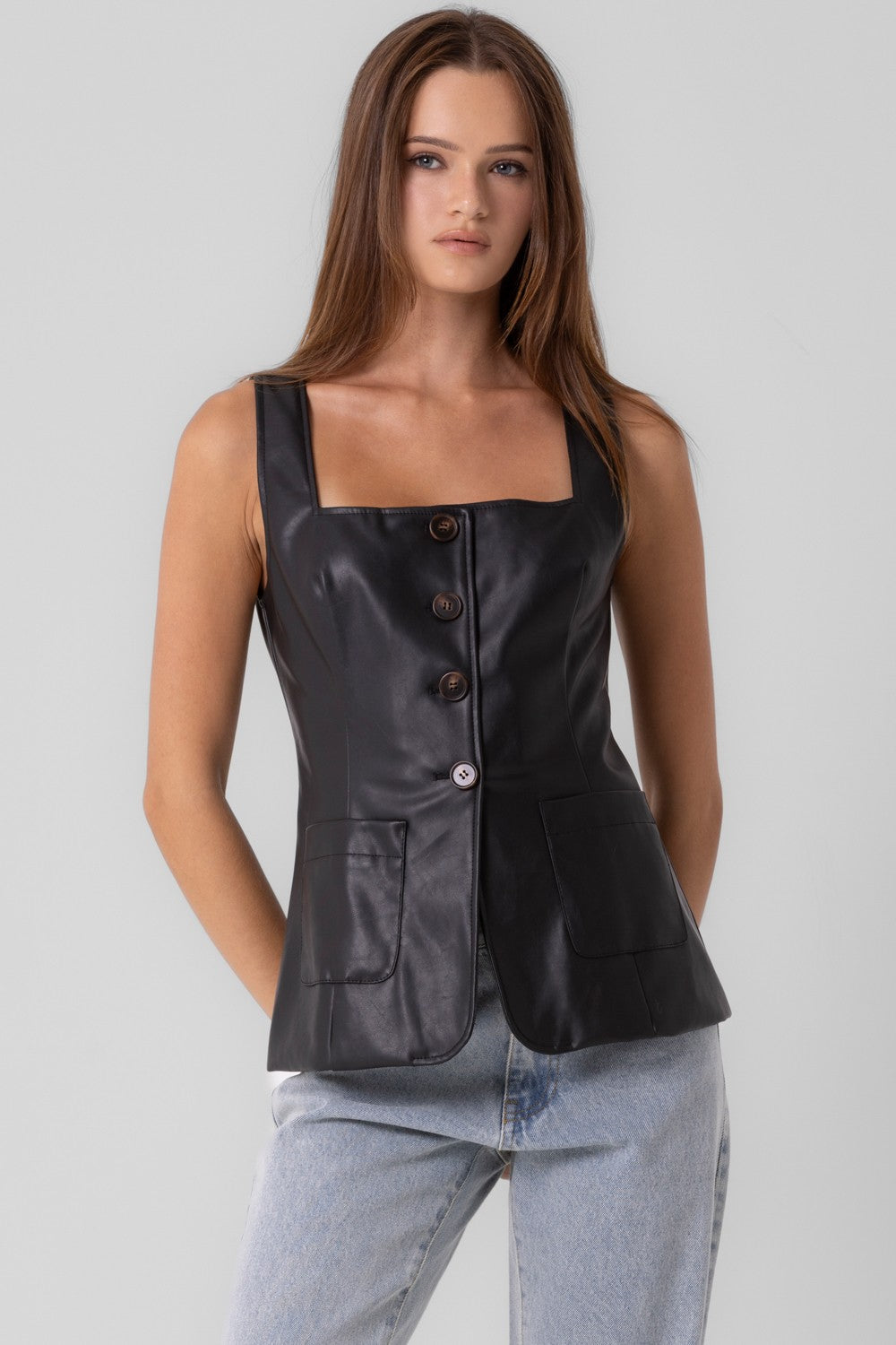 black cat faux leather vest