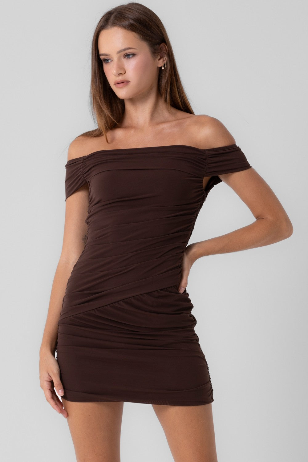 shirred off the shoulder dress