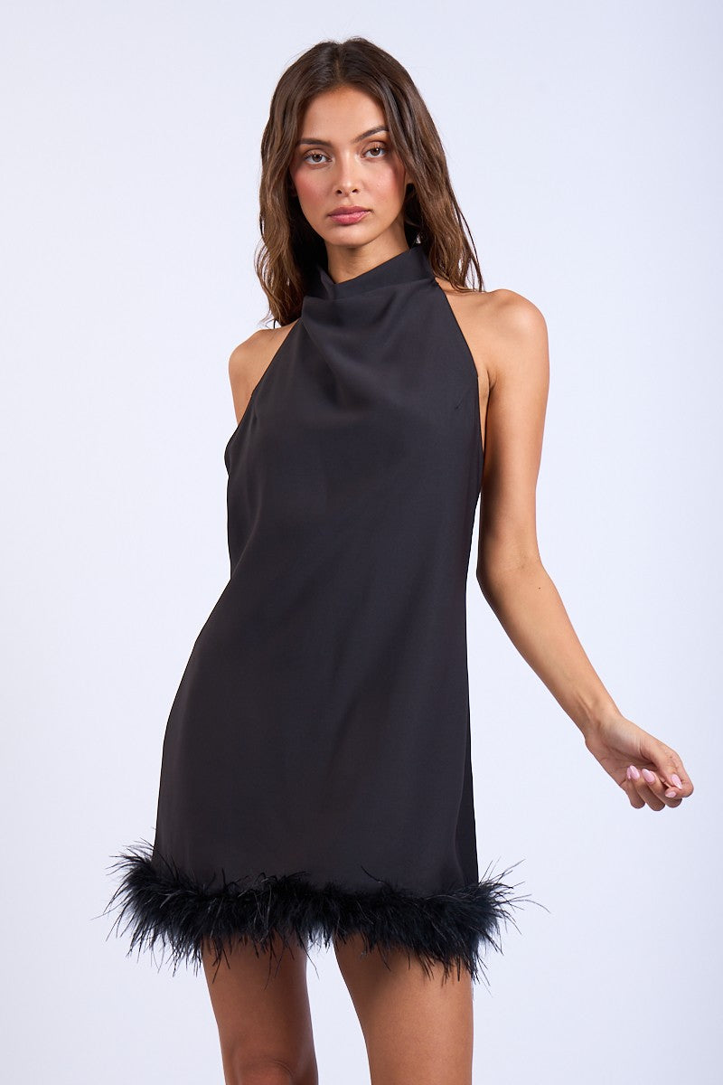 halter feather hem mini dress