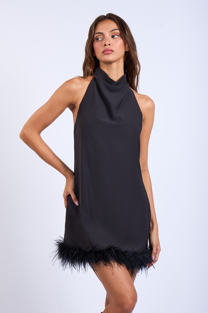 halter feather hem mini dress