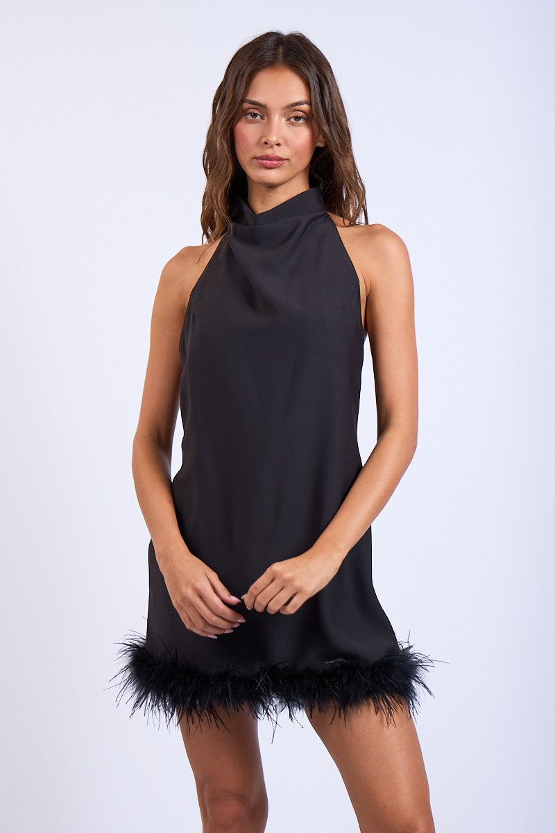 halter feather hem mini dress