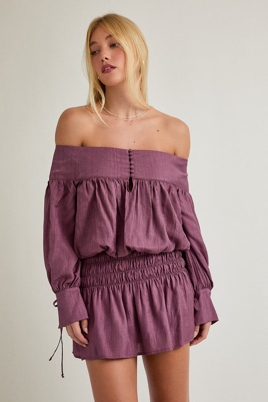 metallic off shoulder mini dress