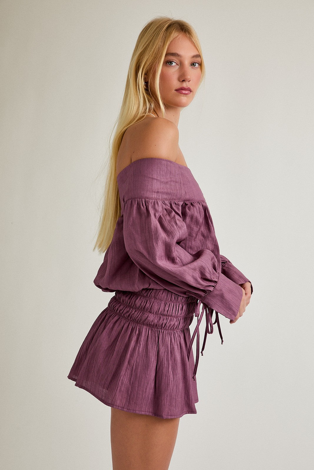 metallic off shoulder mini dress