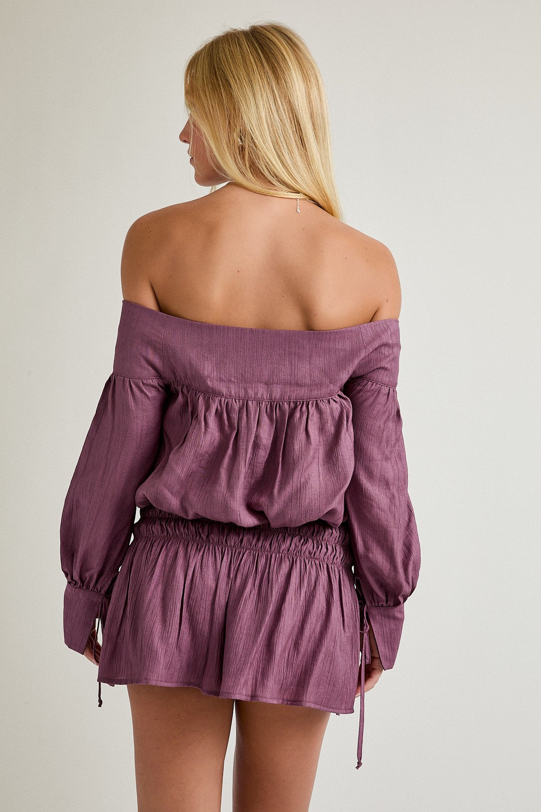 metallic off shoulder mini dress