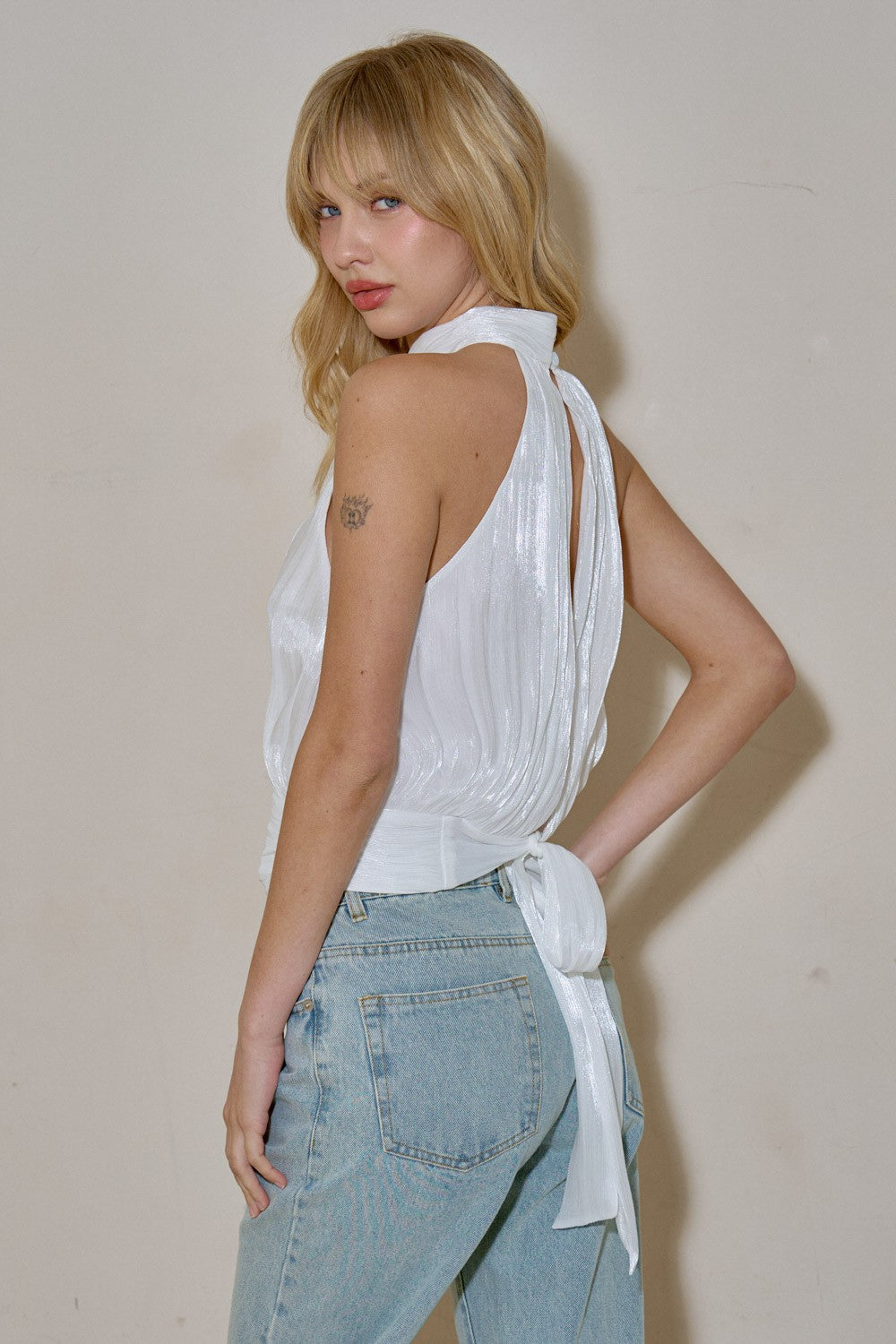 high neck pleated top