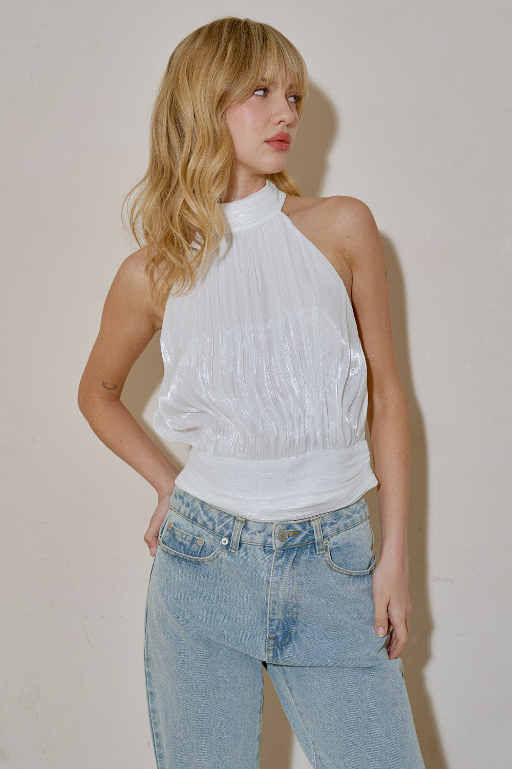 high neck pleated top