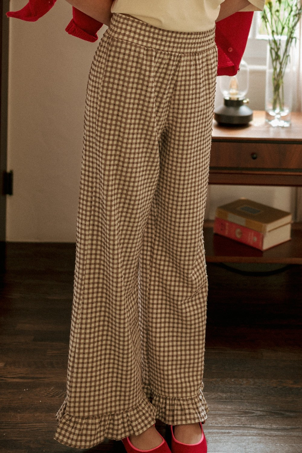 crinkle gingham ruffle pants