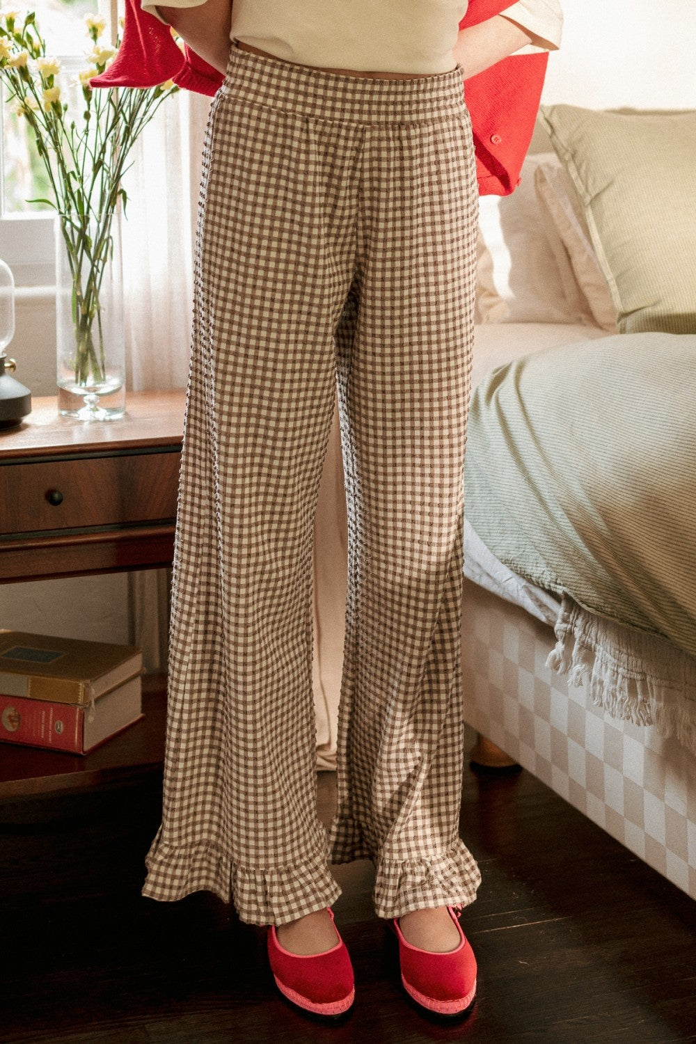 crinkle gingham ruffle pants
