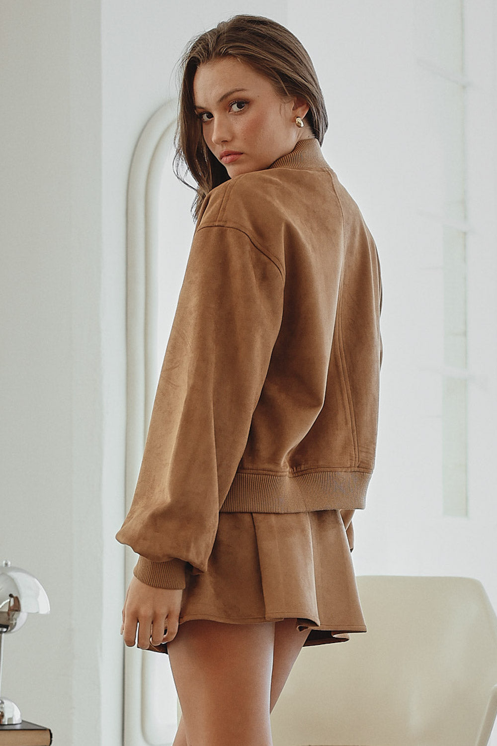 toffee suede bomber jacket