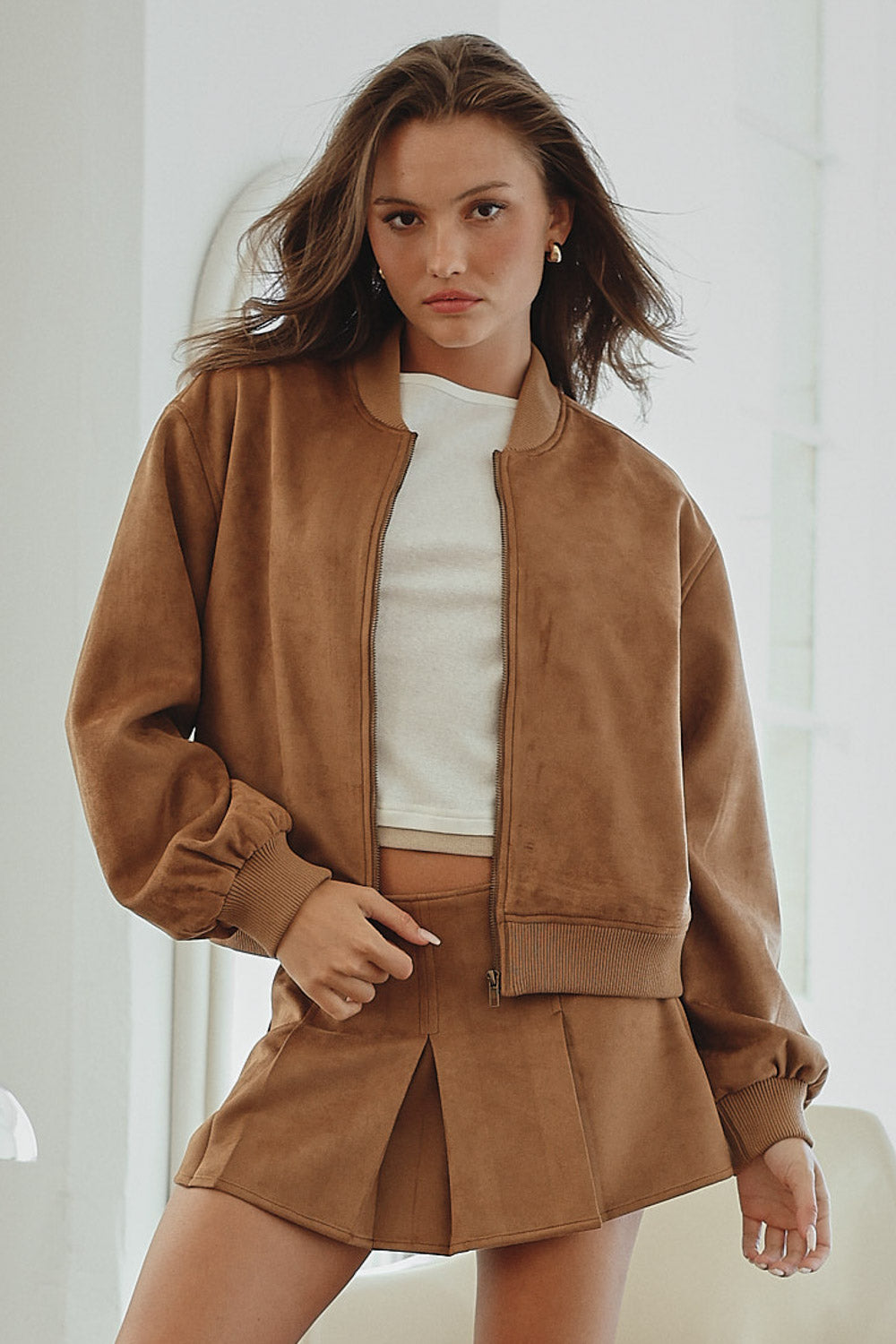 toffee suede bomber jacket