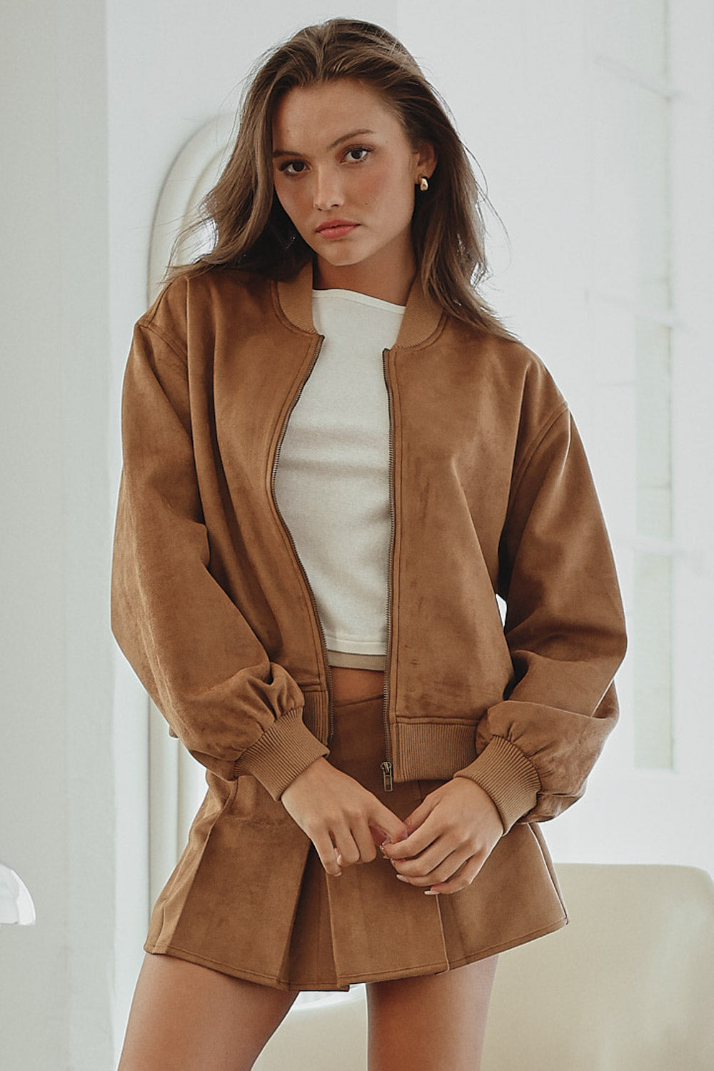 toffee suede bomber jacket