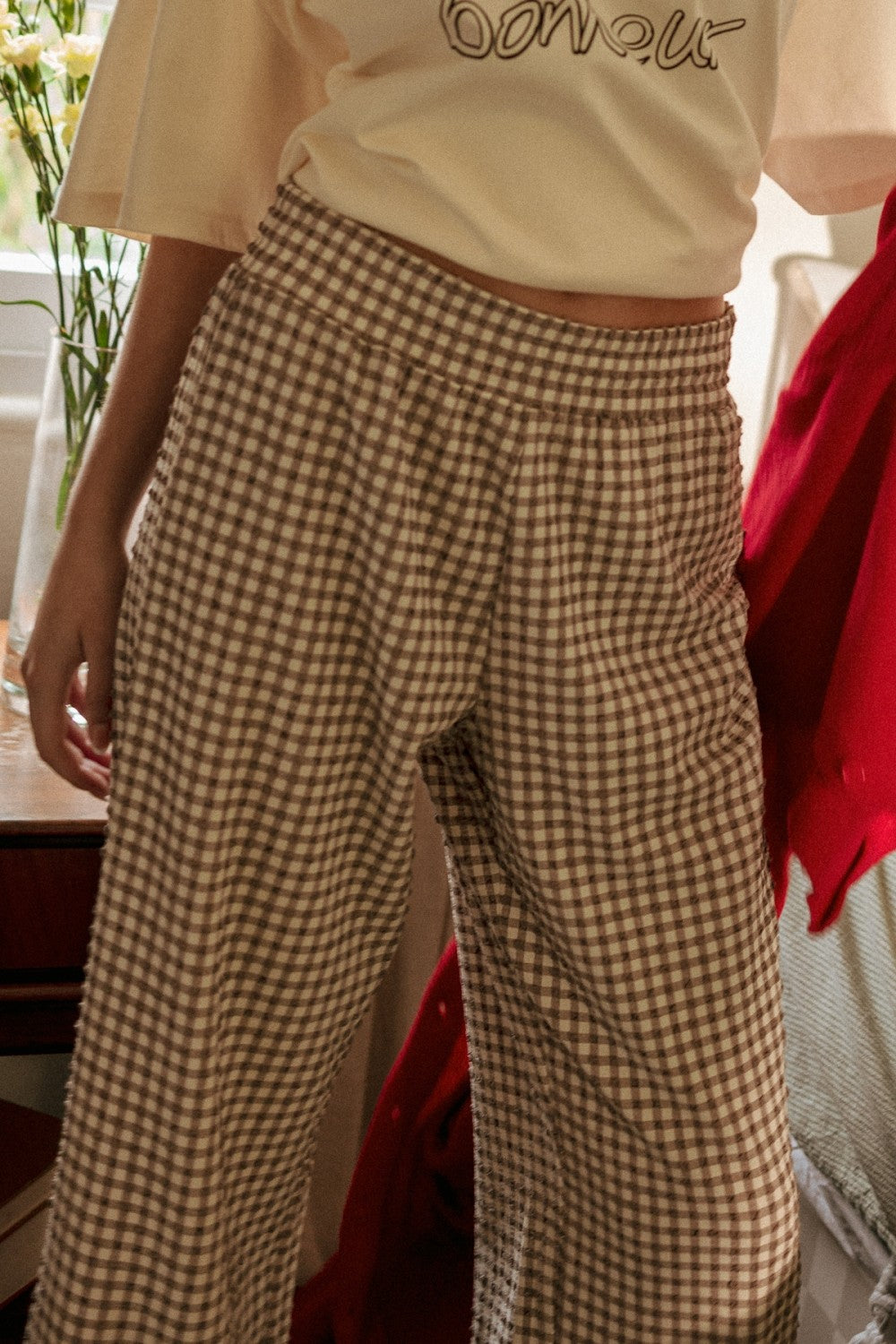 crinkle gingham ruffle pants